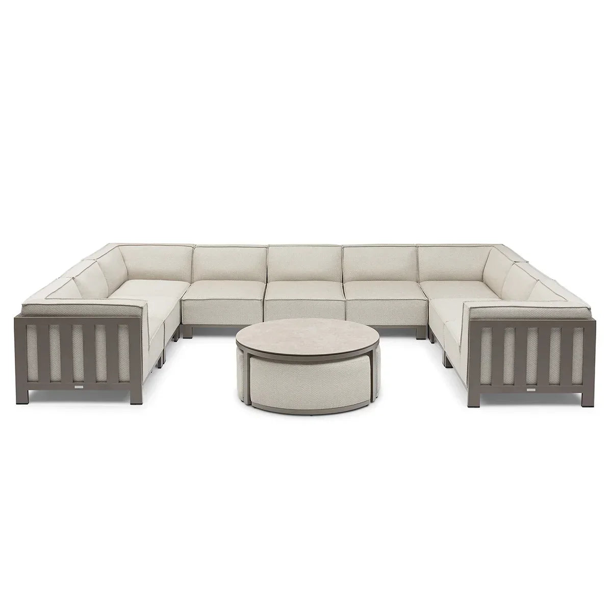 Beige corner sectional sofa set with round coffee table and wood frame detail