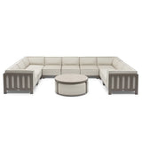 Beige corner sectional sofa set with round coffee table and wood frame detail
