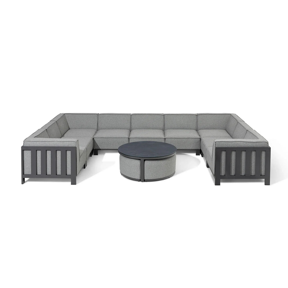 Grey corner garden sofa set with cushions and round coffee table, black metal frame