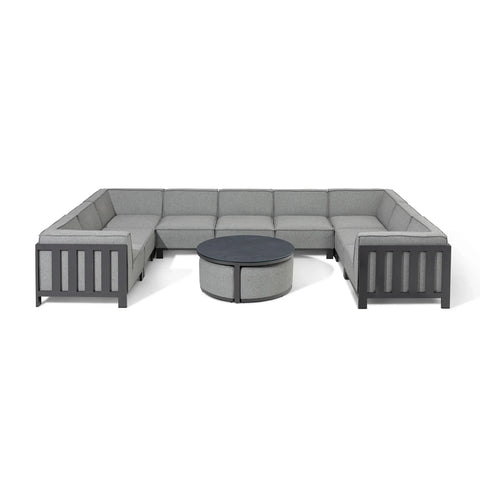 Grey corner garden sofa set with cushions and round coffee table, black metal frame