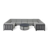 Grey corner garden sofa set with cushions and round coffee table, black metal frame