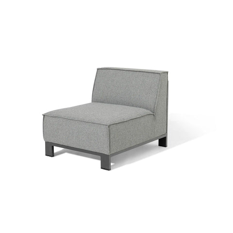 Grey fabric armless sofa chair with black metal legs on white background