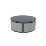 Round fabric and metal coffee table with dark top and light grey sides