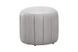 A round, light gray upholstered ottoman with vertical channel tufting, shown against a plain white background.