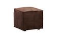 A square brown leather ottoman with stitched panel seams and small black feet, shown on a plain white background.