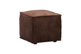A square brown leather ottoman with stitched panel seams and small black feet, shown on a plain white background.