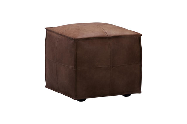 A square brown leather ottoman with stitched panel seams and small black feet, shown on a plain white background.