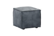 A square gray faux-leather ottoman with stitched panel seams and small black feet, shown on a plain white background.