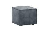 A square gray faux-leather ottoman with stitched panel seams and small black feet, shown on a plain white background.