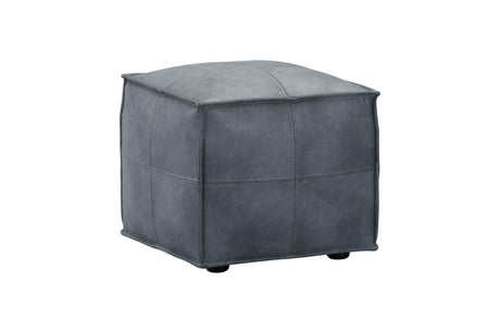 A square gray faux-leather ottoman with stitched panel seams and small black feet, shown on a plain white background.