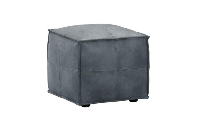 A square gray faux-leather ottoman with stitched panel seams and small black feet, shown on a plain white background.