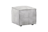 A square ottoman with a light gray faux leather or suede-like finish, featuring stitched panel details and small black feet, shown on a plain white background.
