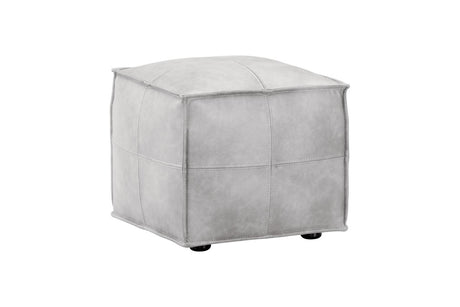 A square ottoman with a light gray faux leather or suede-like finish, featuring stitched panel details and small black feet, shown on a plain white background.