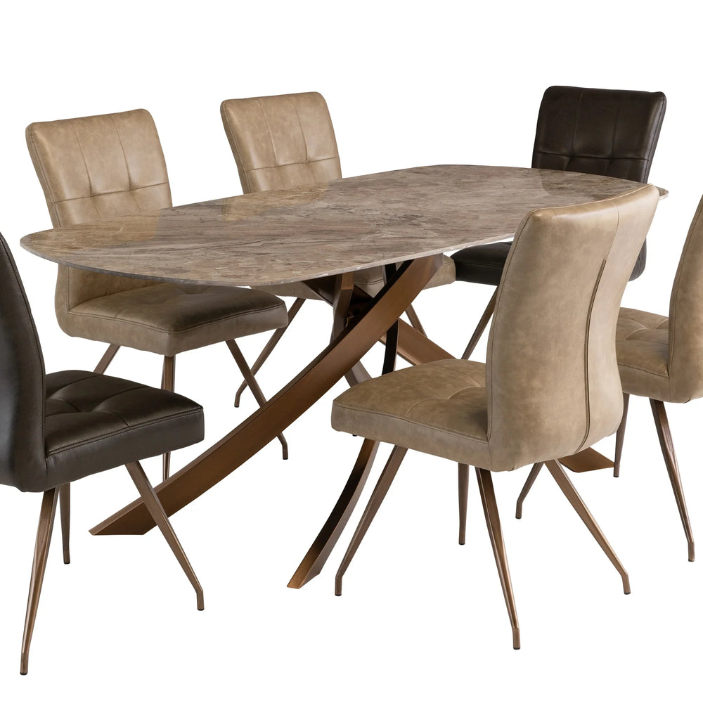Elegant 1.8m Brown Marble Dining Table with Brushed Brass Legs