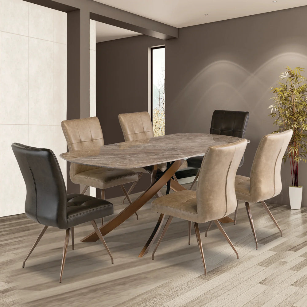 Elegant 1.8m Brown Marble Dining Table with Brushed Brass Legs