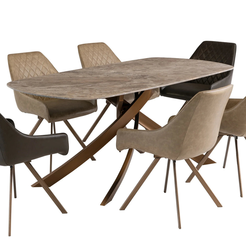 Elegant 1.8m Brown Marble Dining Table with Brushed Brass Legs