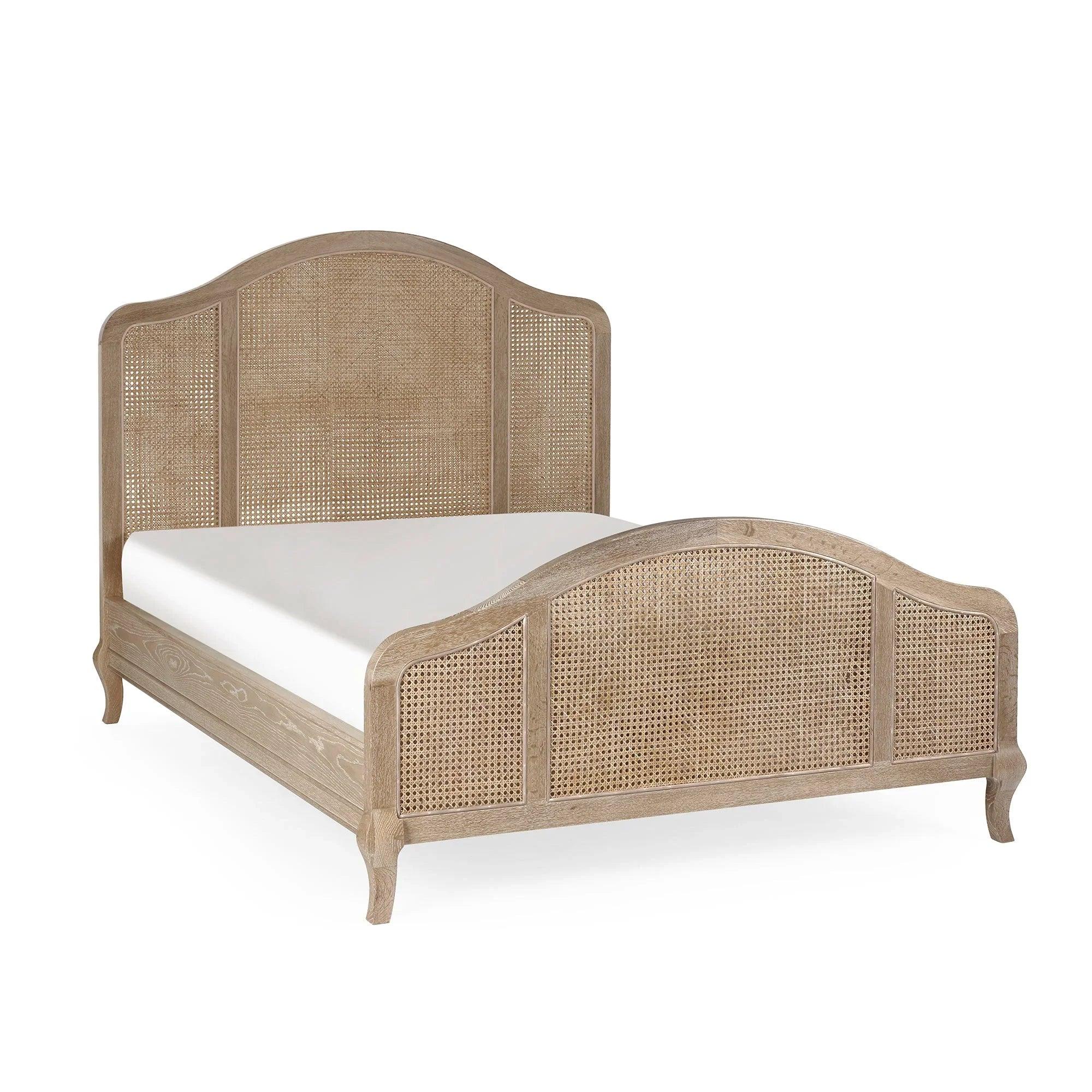 Natural rattan bed frame with arched headboard and footboard, solid wood legs