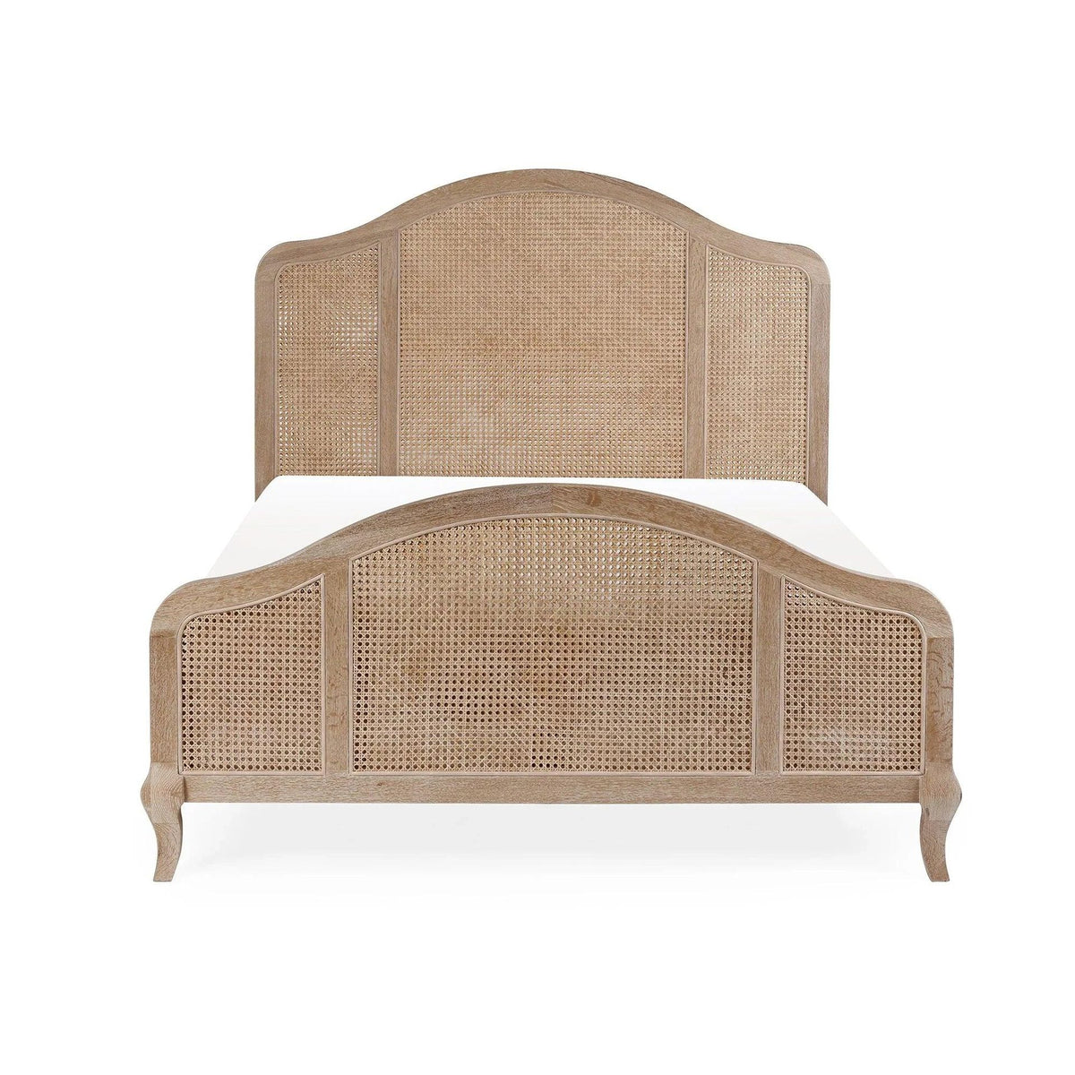 Light oak rattan cane headboard and footboard bed frame, close front view