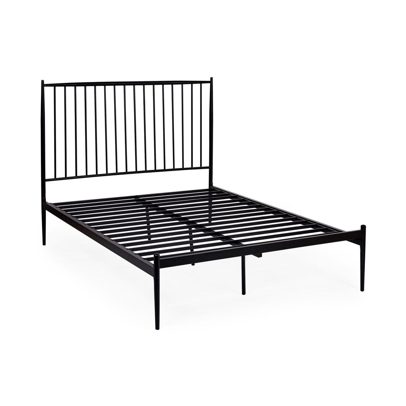 Black metal spindle bed frame without mattress, angled on white background showing slats and support legs