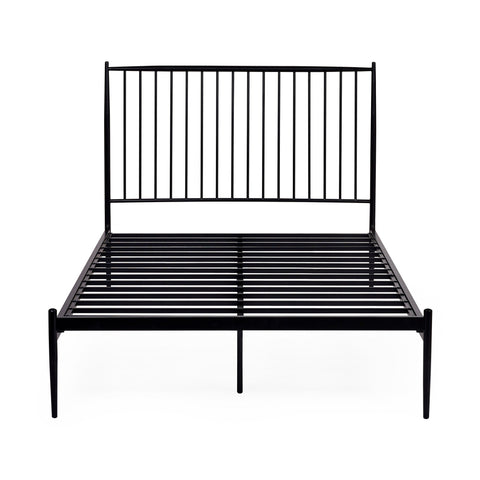 Black metal spindle bed frame viewed head-on without mattress, showing vertical slats and support legs