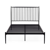 Black metal spindle bed frame viewed head-on without mattress, showing vertical slats and support legs