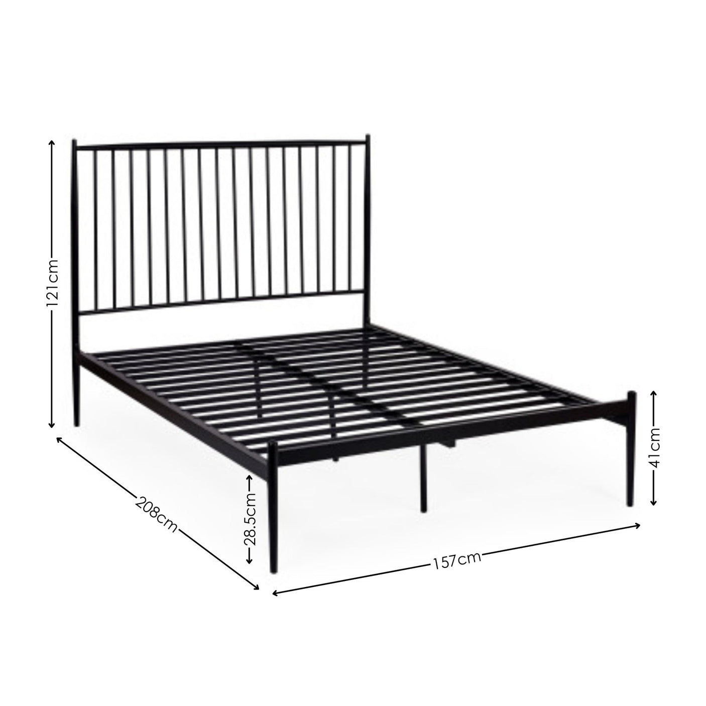 Black metal bed frame with vertical spindle headboard, angled side view, larger dimensions shown on white background