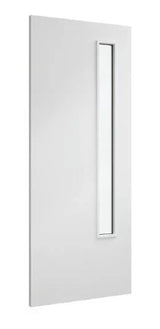 White interior door with vertical glass panel and modern flush design
