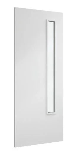 White interior door with vertical glass panel and modern flush design