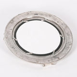 Back view of round metal porthole mirror with visible mounting brackets and fixings