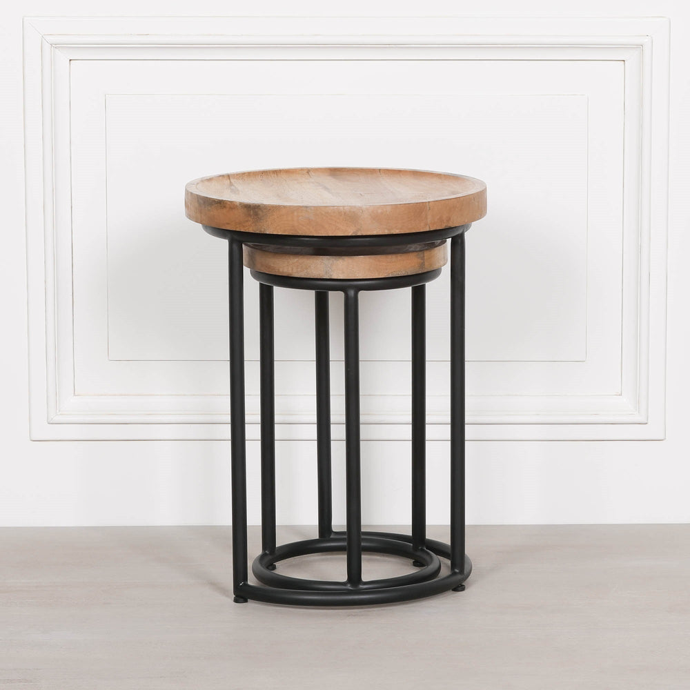 Iron Framed Nested Side Occasional Tables with Wooden Top