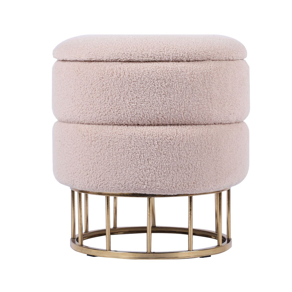 Beige Boucle Round Storage Stool With Gold Legs - Kd