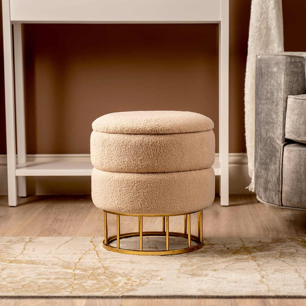 Beige Boucle Round Storage Stool With Gold Legs - Kd