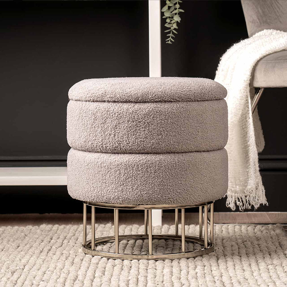 Grey Boucle Round Storage Stool With Chrome Legs