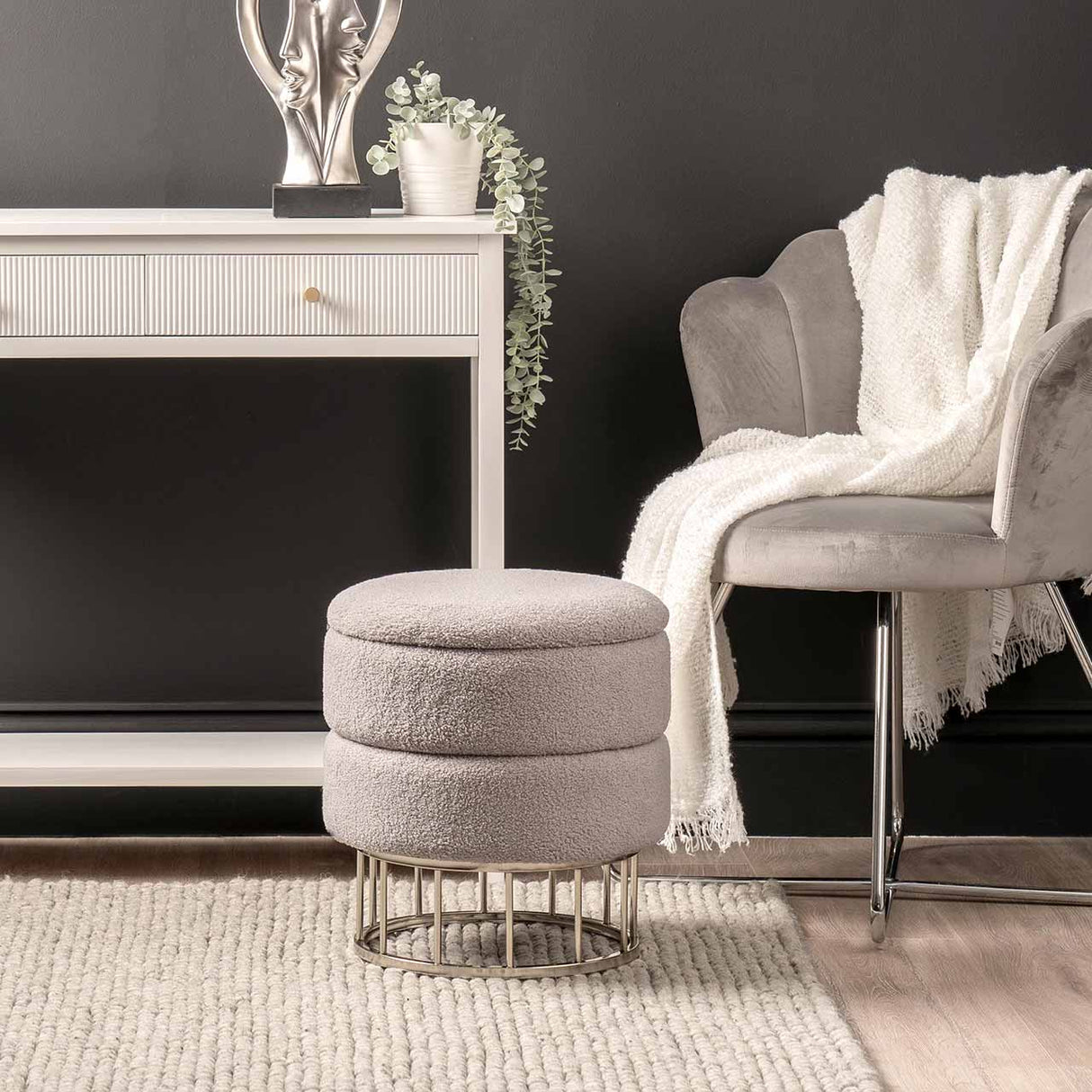 Grey Boucle Round Storage Stool With Chrome Legs