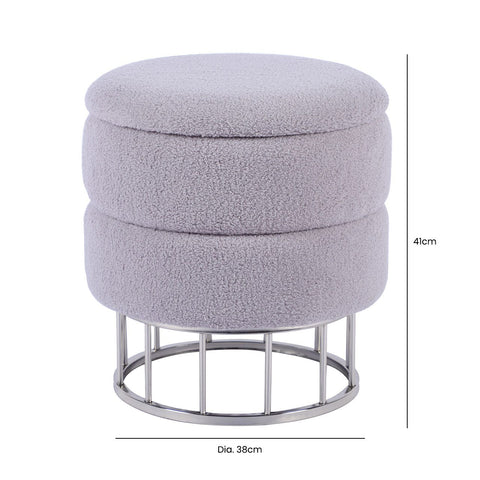 Grey Boucle Round Storage Stool With Chrome Legs