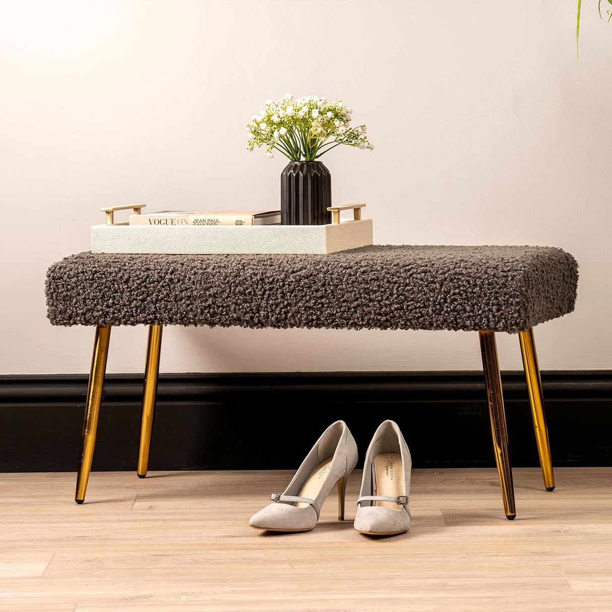 Charcoal Grey Boucle Bench With Gold Legs - Kd