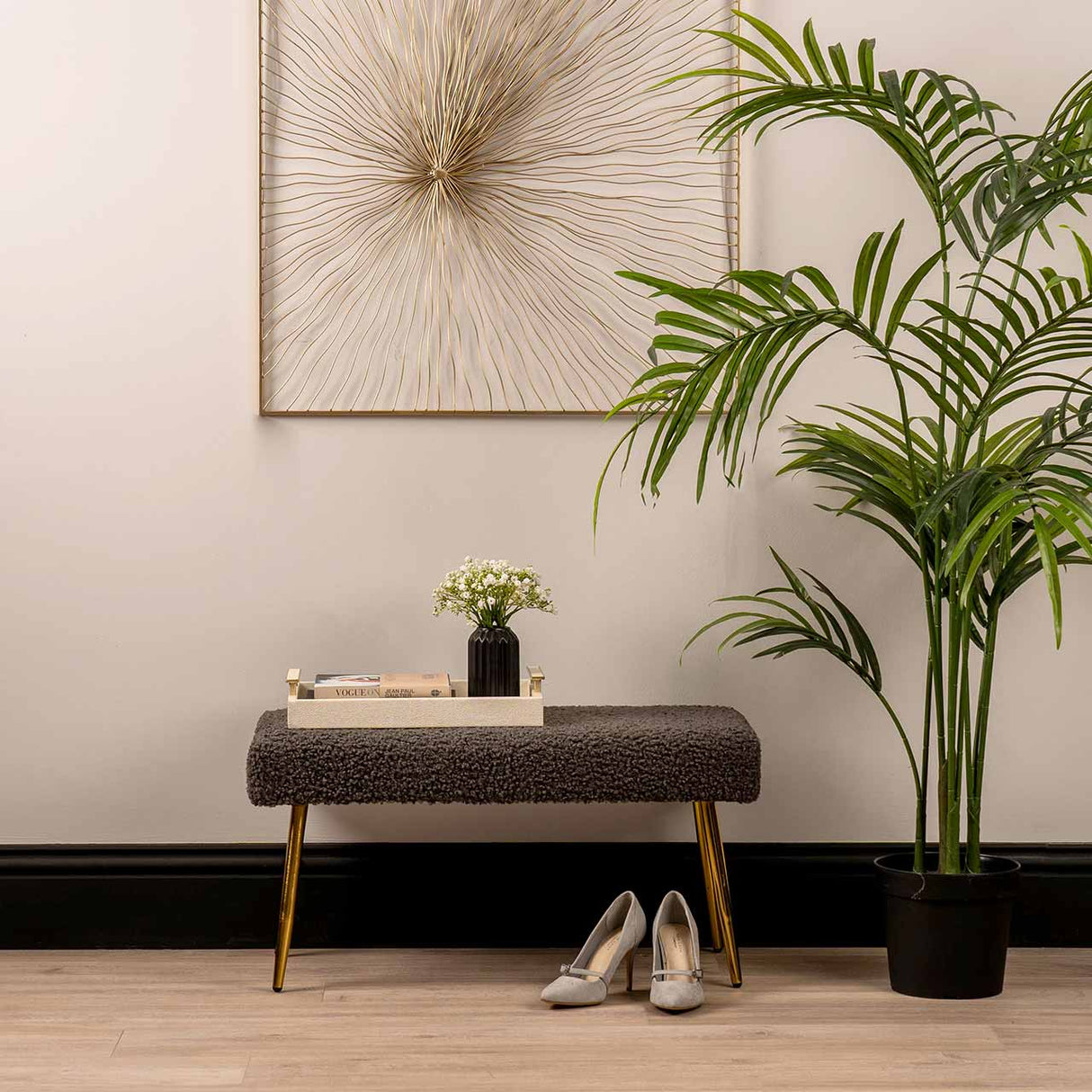 Charcoal Grey Boucle Bench With Gold Legs - Kd