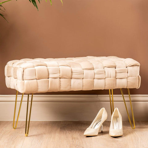 Dark Cream Velvet Woven Bench With Gold Legs-Kd