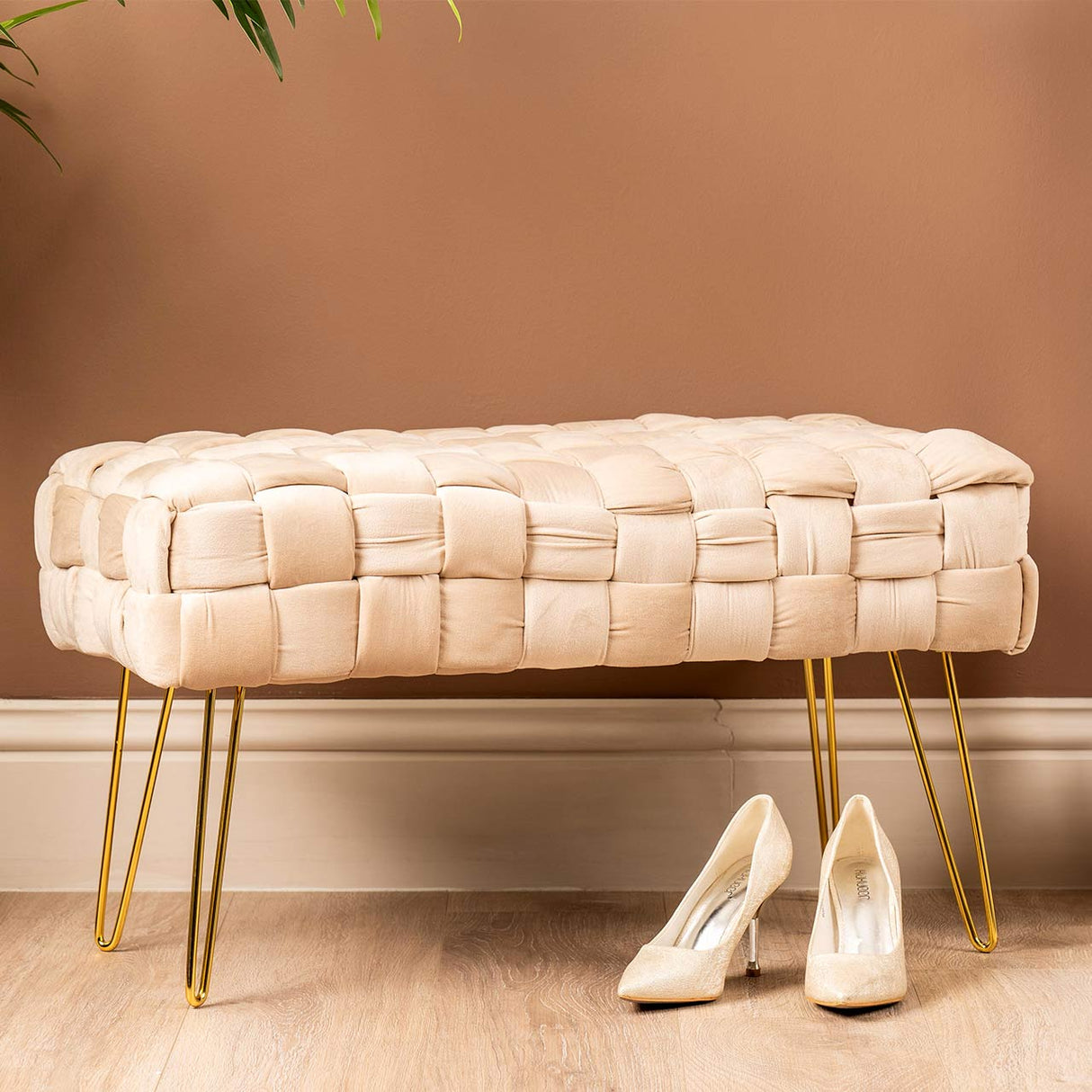 Dark Cream Velvet Woven Bench With Gold Legs-Kd