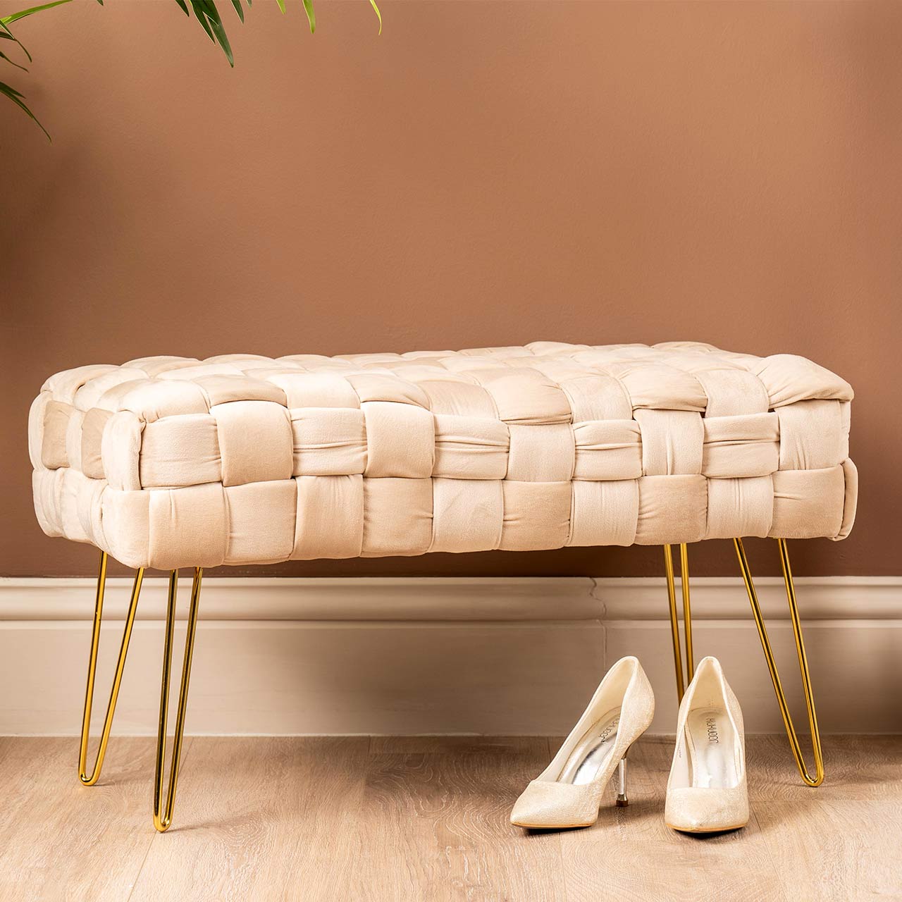 Dark Cream Velvet Woven Bench With Gold Legs-Kd