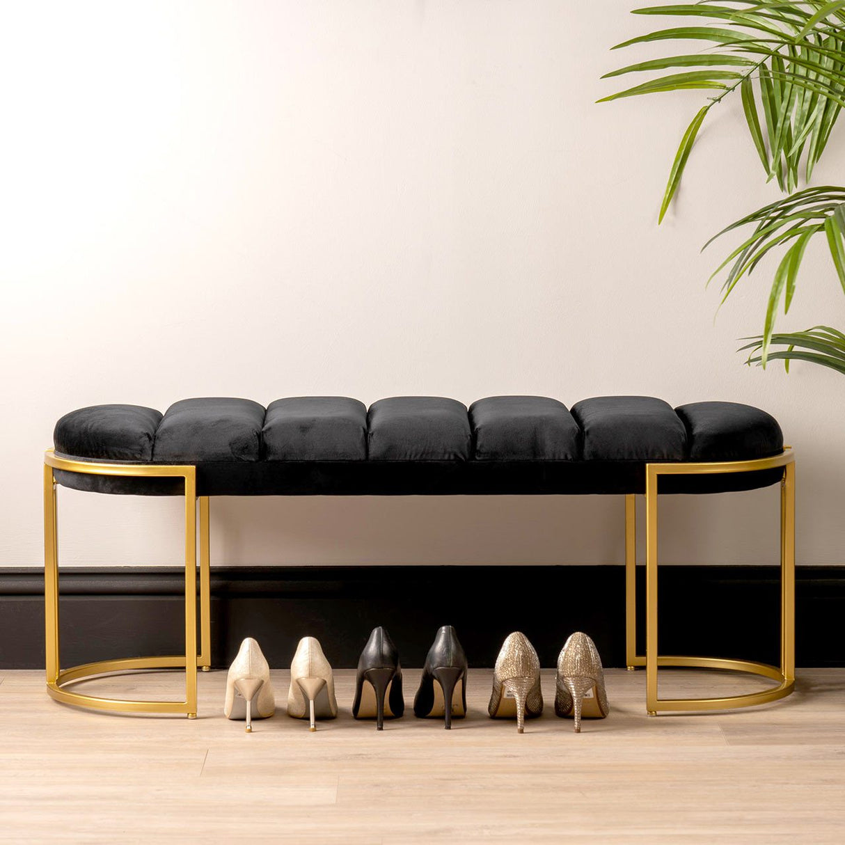Black Velvet Tufted Bench With Gold Legs - Kd