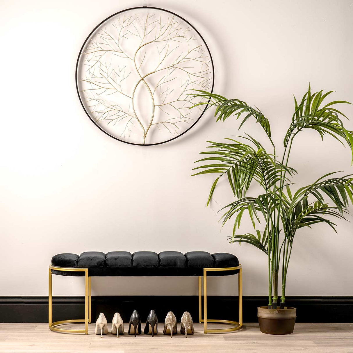 Black Velvet Tufted Bench With Gold Legs - Kd