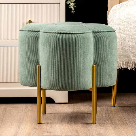 Aqua Blue Velvet Clover Ottoman With Gold Legs