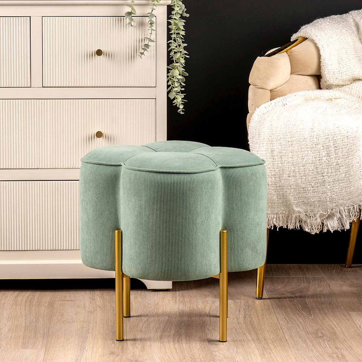 Aqua Blue Velvet Clover Ottoman With Gold Legs