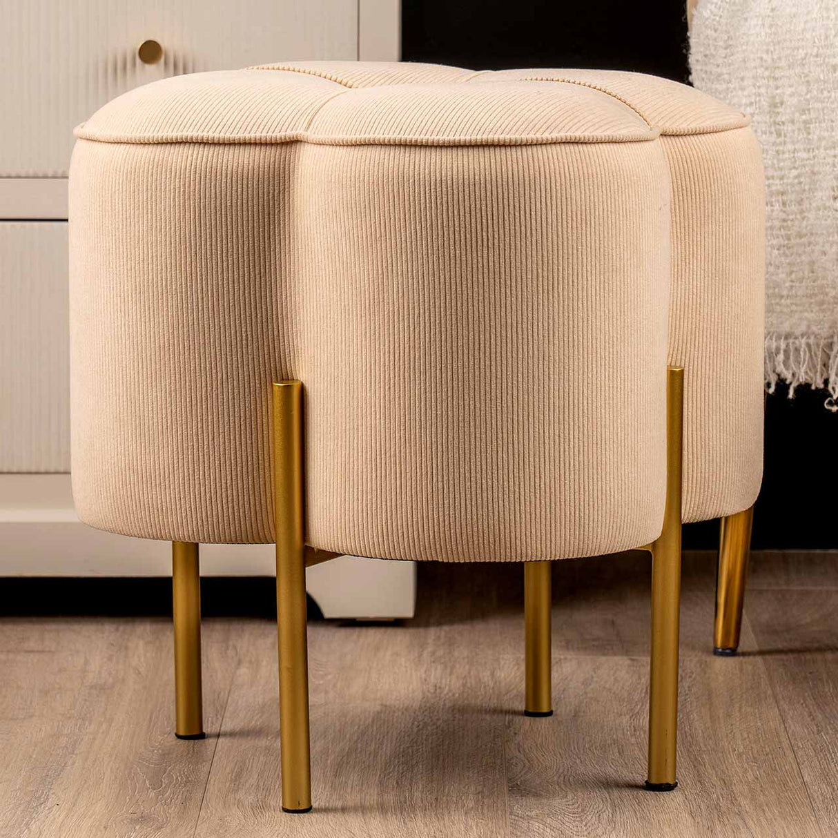 Cream Velvet Clover Ottoman With Gold Legs