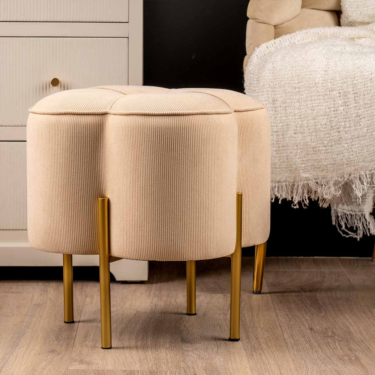 Cream Velvet Clover Ottoman With Gold Legs
