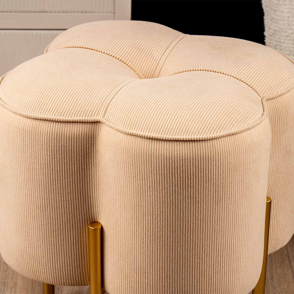 Cream Velvet Clover Ottoman With Gold Legs