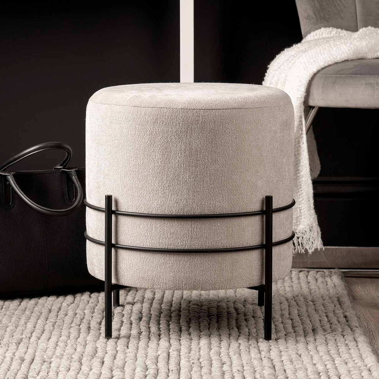 Grey Linen Ottoman With Black Legs