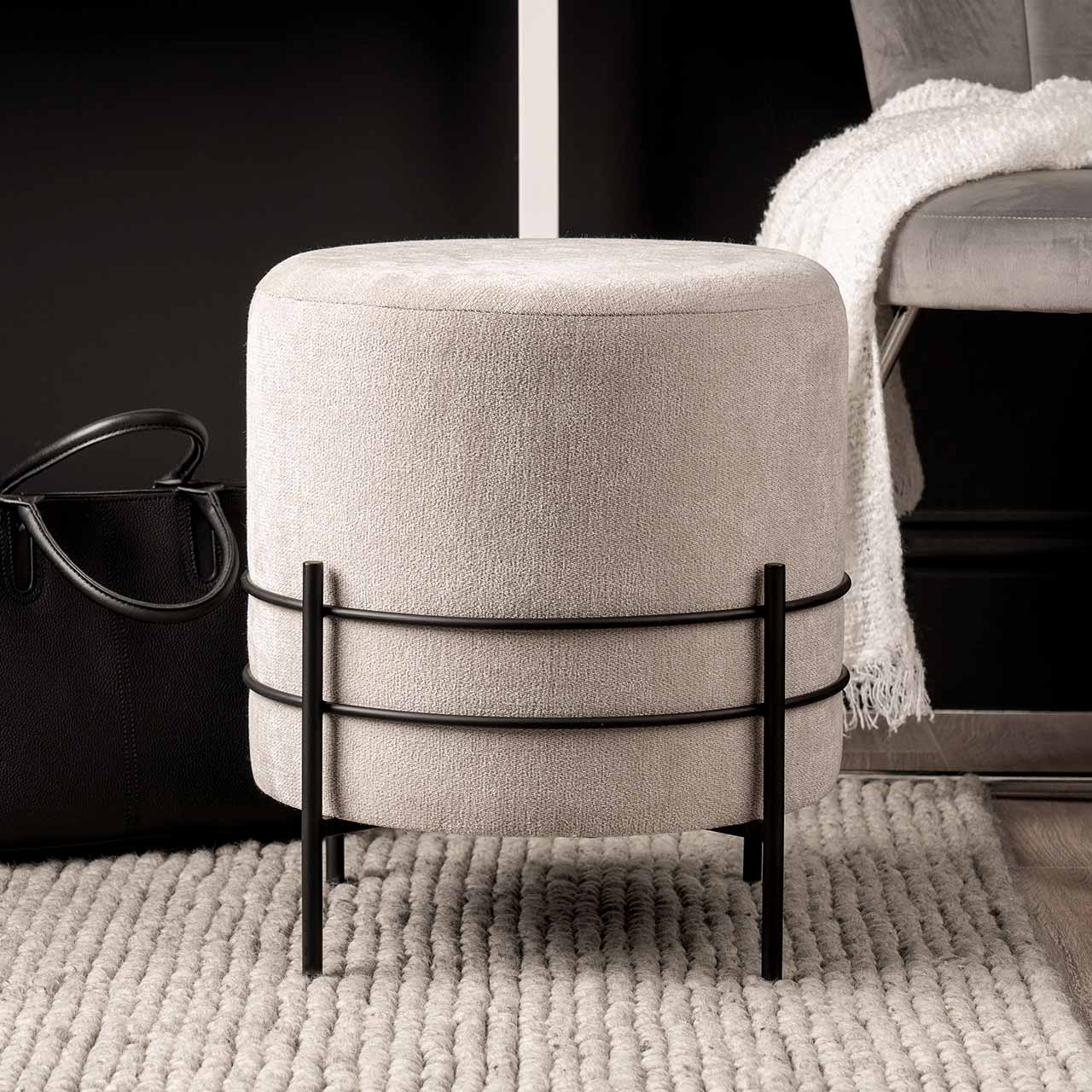 Grey Linen Ottoman With Black Legs