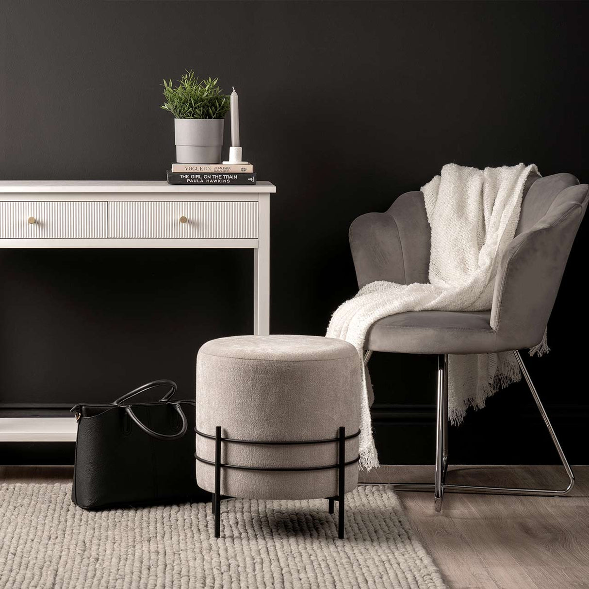 Grey Linen Ottoman With Black Legs